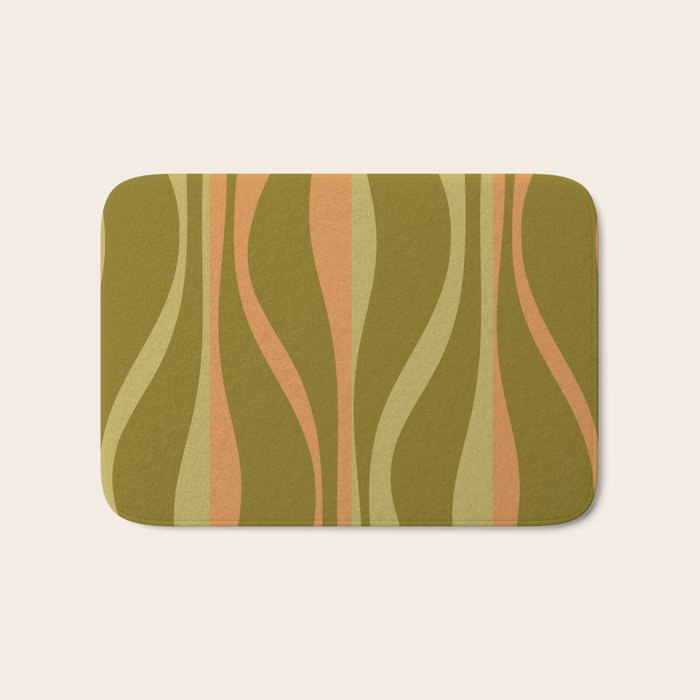 Mid Century Modern Retro Lounge Striped Ogee Pattern Avocado Green and Cantaloupe Orange Bath Mat Gallery Image 1