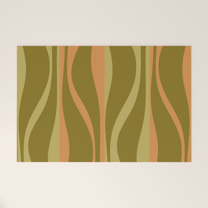 Mid Century Modern Retro Lounge Striped Ogee Pattern Avocado Green and Cantaloupe Orange Welcome Mat Gallery Image 1