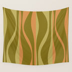 Mid Century Modern Retro Lounge Striped Ogee Pattern Avocado Green and Cantaloupe Orange Wall Tapestry Gallery Image 4