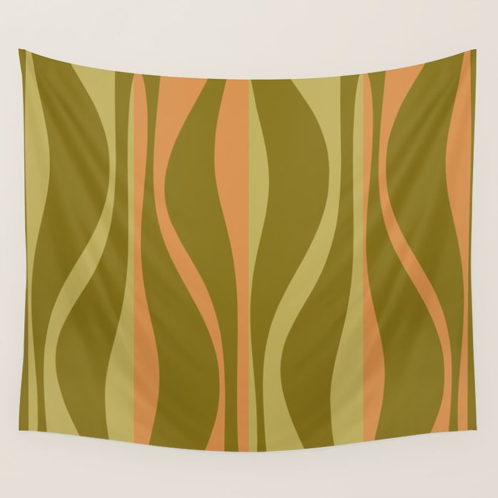 Mid Century Modern Retro Lounge Striped Ogee Pattern Avocado Green and Cantaloupe Orange Wall Tapestry Gallery Image 4