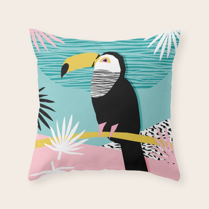 Loopy - wacka designs abstract bird toucan tropical memphis throwback retro neon 1980s style pop art Throw Pillow Gallery Image 1