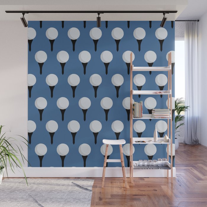 Golf Ball & Tee Pattern (Blue) Wall Mural Gallery Image 1