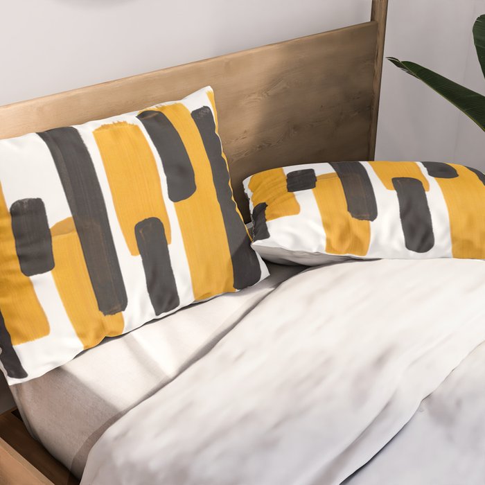 Mid Century Abstract Black & Yellow Fun Pattern Mustard Striped Primitive Stripes Pillow Sham Gallery Image 2