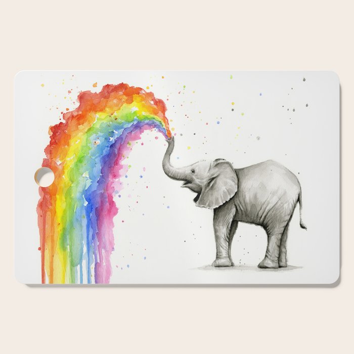 Baby Elephant Spraying Rainbow Cutting Board