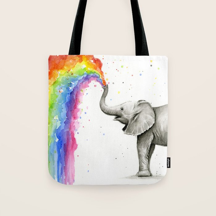 Baby Elephant Spraying Rainbow Tote Bag Gallery Image 1