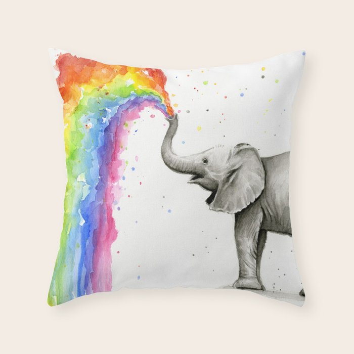 Baby Elephant Spraying Rainbow Throw Pillow Gallery Image 1