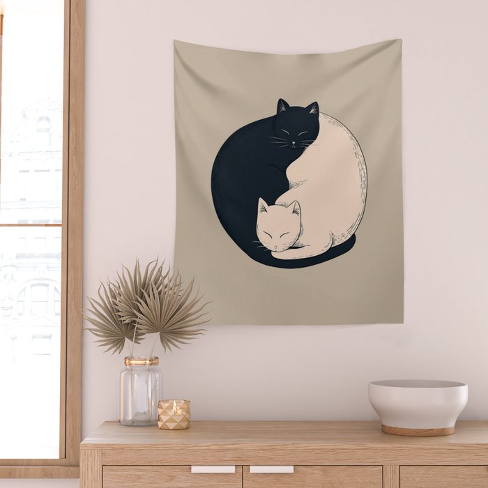 Yin Yang Cats Illustration Wall Tapestry Gallery Image 2