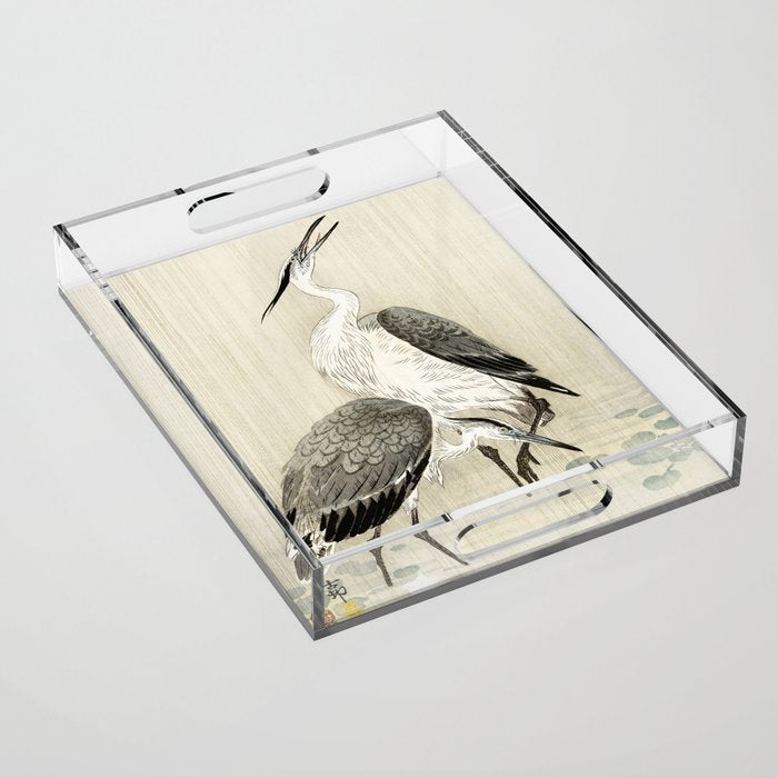 Herons in the rain - Japanese vintage woodblock print Acrylic Tray Gallery Image 1