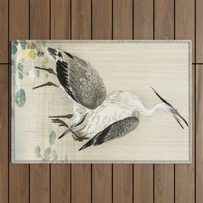 Herons in the rain - Japanese vintage woodblock print Outdoor Rug Gallery Image 1