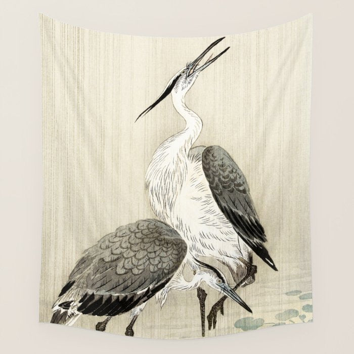 Herons in the rain - Japanese vintage woodblock print Wall Tapestry Gallery Image 1