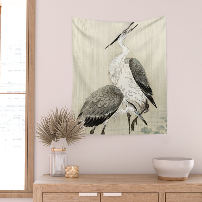 Herons in the rain - Japanese vintage woodblock print Wall Tapestry Gallery Image 2