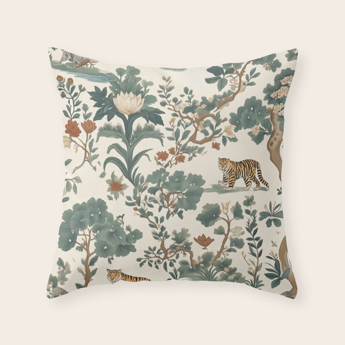 Tigers in Romantic Botanica Throw Pillow Gallery Image 1