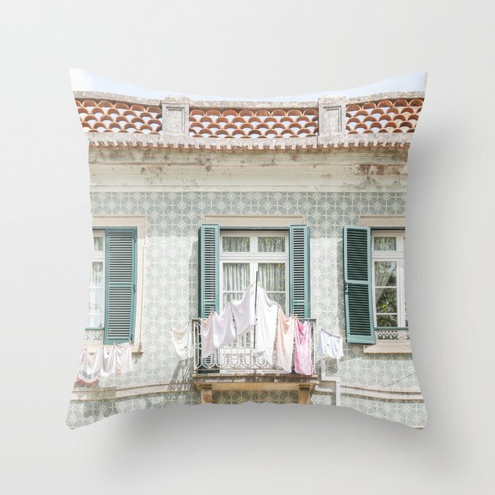 Laundry Day in Sintra | Tiled House in Portugal Art print | Street Travel Photography in Soft Pastel Colors Throw Pillow Gallery Image 6