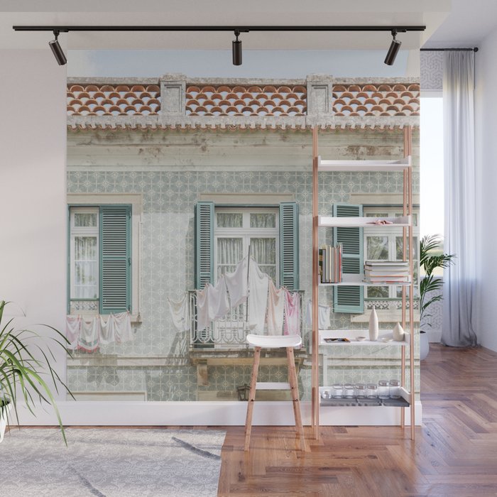 Laundry Day in Sintra | Tiled House in Portugal Art print | Street Travel Photography in Soft Pastel Colors Wall Mural Gallery Image 1