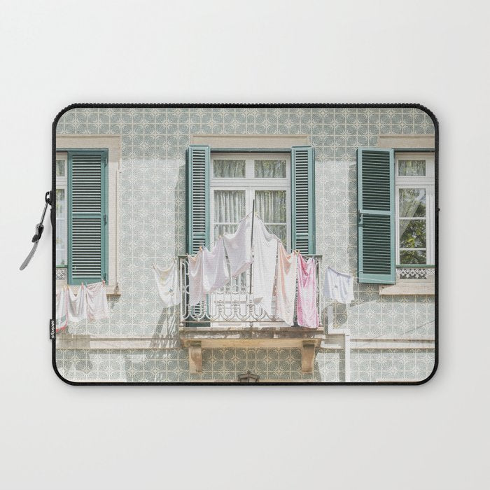 Laundry Day in Sintra | Tiled House in Portugal Art print | Street Travel Photography in Soft Pastel Colors Laptop Sleeve Gallery Image 1