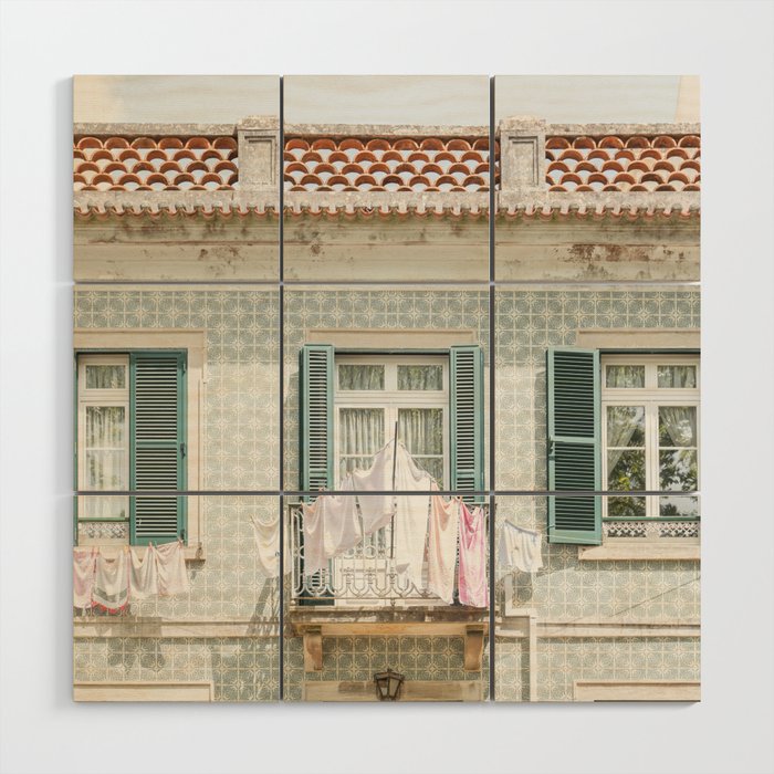 Laundry Day in Sintra | Tiled House in Portugal Art print | Street Travel Photography in Soft Pastel Colors Wood Wall Art Gallery Image 1
