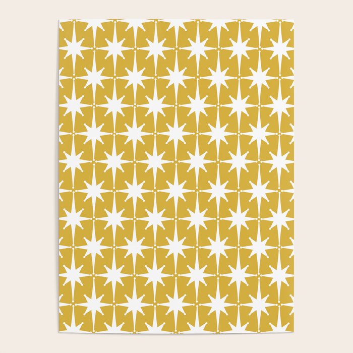 Atomic Age 1950s Retro Starburst Pattern in White and Light Mustard Poster Gallery Image 1