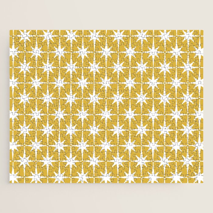 Atomic Age 1950s Retro Starburst Pattern in White and Light Mustard Jigsaw Puzzle Gallery Image 1