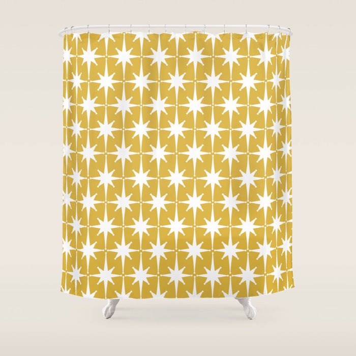 Atomic Age 1950s Retro Starburst Pattern in White and Light Mustard Shower Curtain Gallery Image 1