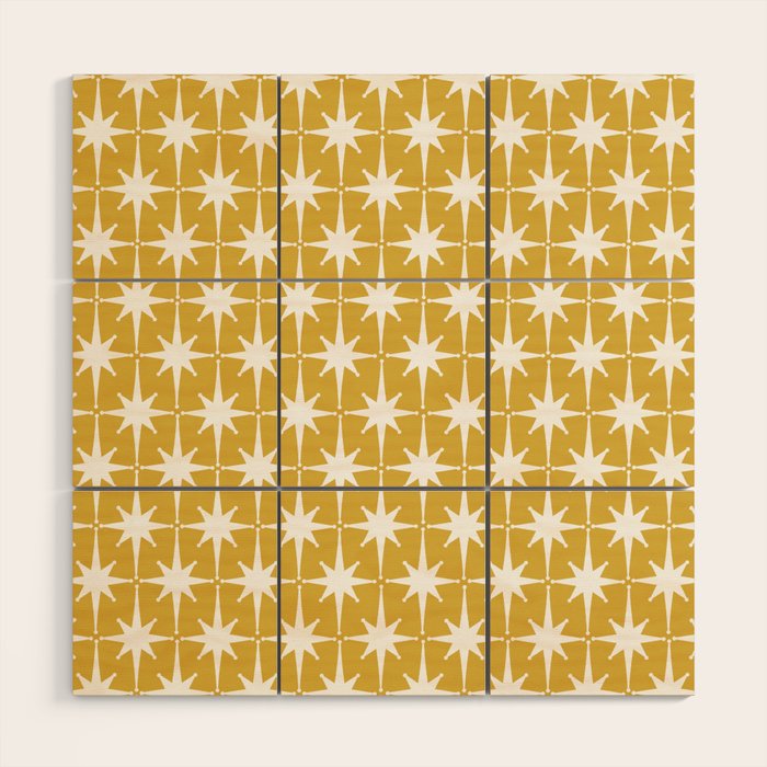 Atomic Age 1950s Retro Starburst Pattern in White and Light Mustard Wood Wall Art Gallery Image 1