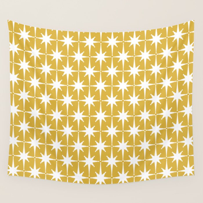 Atomic Age 1950s Retro Starburst Pattern in White and Light Mustard Wall Tapestry Gallery Image 4