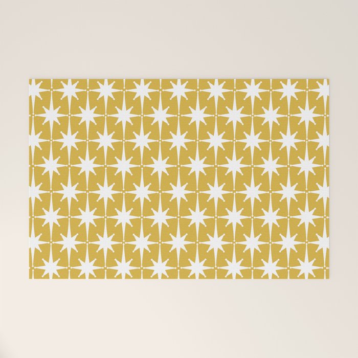 Atomic Age 1950s Retro Starburst Pattern in White and Light Mustard Welcome Mat Gallery Image 1