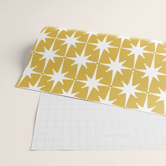 Atomic Age 1950s Retro Starburst Pattern in White and Light Mustard Wrapping Paper Gallery Image 2