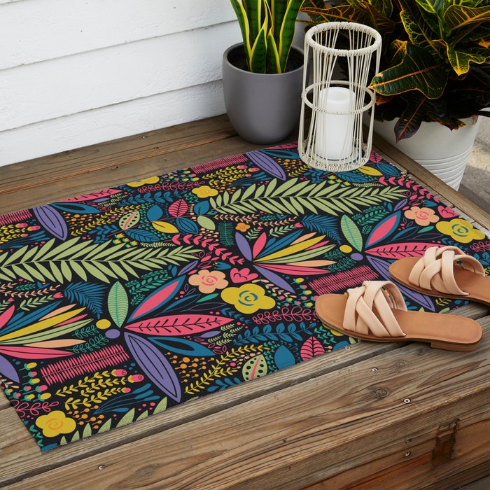 Retro colorful jungle nature plant pattern Outdoor Rug Gallery Image 2
