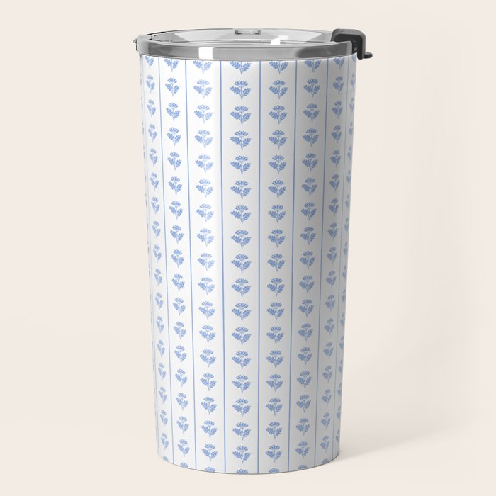 Cozy Vintage Cottage Flowers and Stripes Pattern in Light Blue and White Travel Mug Gallery Image 2