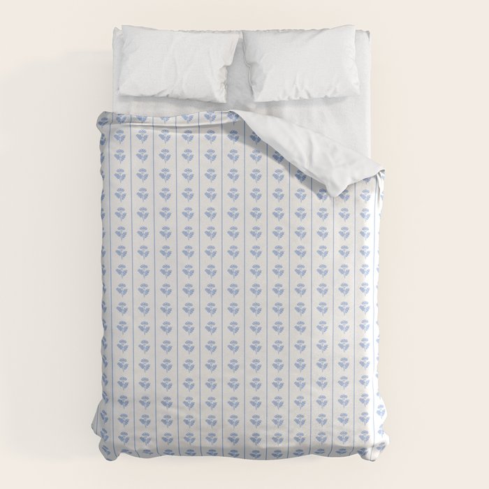 Cozy Vintage Cottage Flowers and Stripes Pattern in Light Blue and White Duvet Cover Gallery Image 6