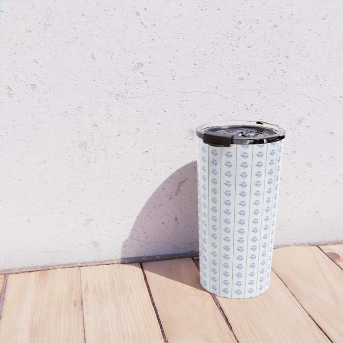 Cozy Vintage Cottage Flowers and Stripes Pattern in Light Blue and White Travel Mug Gallery Image 4