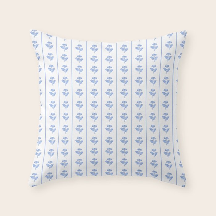 Cozy Vintage Cottage Flowers and Stripes Pattern in Light Blue and White Throw Pillow Gallery Image 6