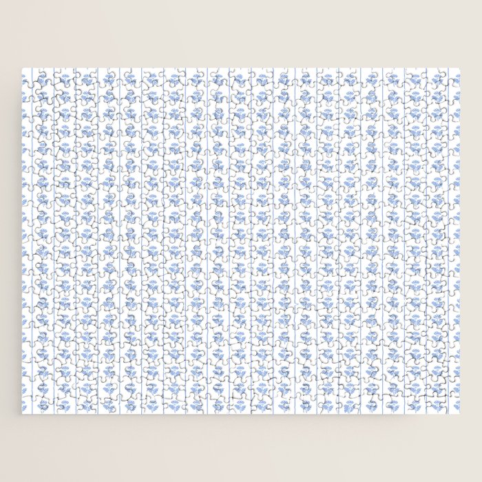 Cozy Vintage Cottage Flowers and Stripes Pattern in Light Blue and White Jigsaw Puzzle Gallery Image 1