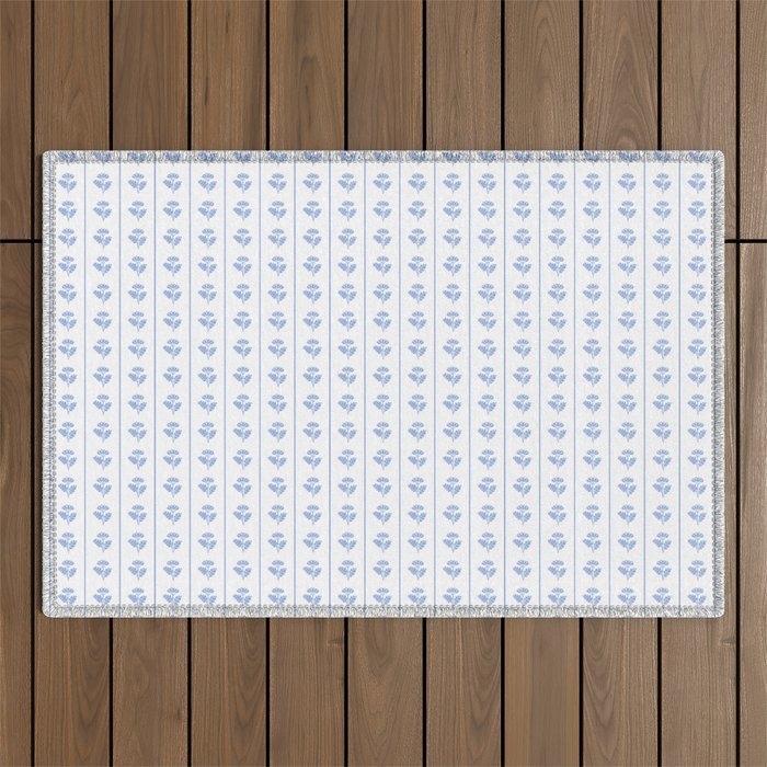Cozy Vintage Cottage Flowers and Stripes Pattern in Light Blue and White Outdoor Rug Gallery Image 1
