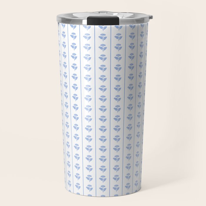 Cozy Vintage Cottage Flowers and Stripes Pattern in Light Blue and White Travel Mug Gallery Image 1