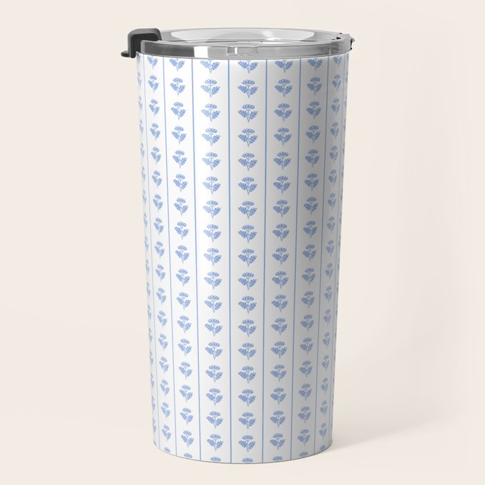 Cozy Vintage Cottage Flowers and Stripes Pattern in Light Blue and White Travel Mug Gallery Image 3