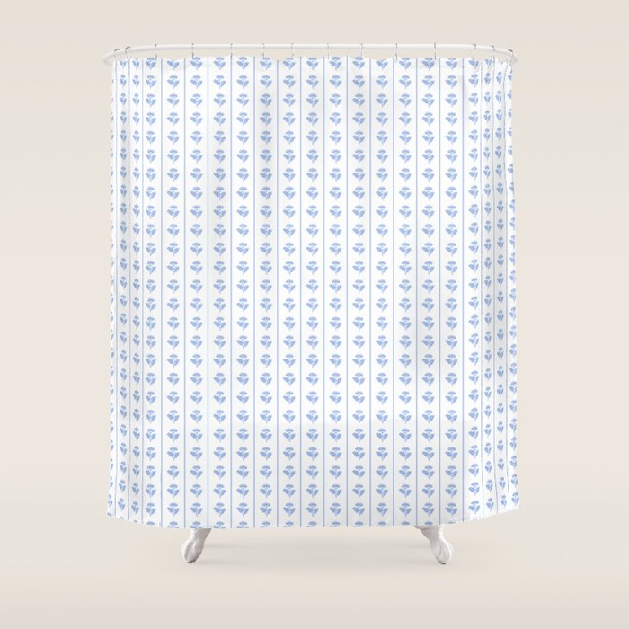 Cozy Vintage Cottage Flowers and Stripes Pattern in Light Blue and White Shower Curtain Gallery Image 1