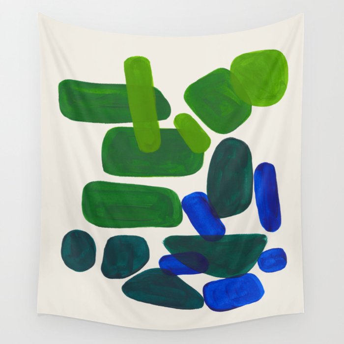 Minimalist Modern Mid Century Colorful Abstract Shapes Phthalo Blue Lime Green Gradient Overlapping Wall Tapestry Gallery Image 1