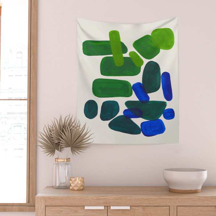 Minimalist Modern Mid Century Colorful Abstract Shapes Phthalo Blue Lime Green Gradient Overlapping Wall Tapestry Gallery Image 2