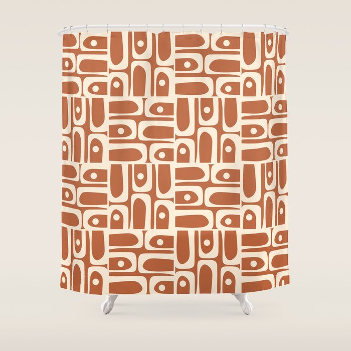 Mid Century Modern Piquet Abstract Multi Pattern in Earthy Red Brown and Beige Cream Shower Curtain Gallery Image 1