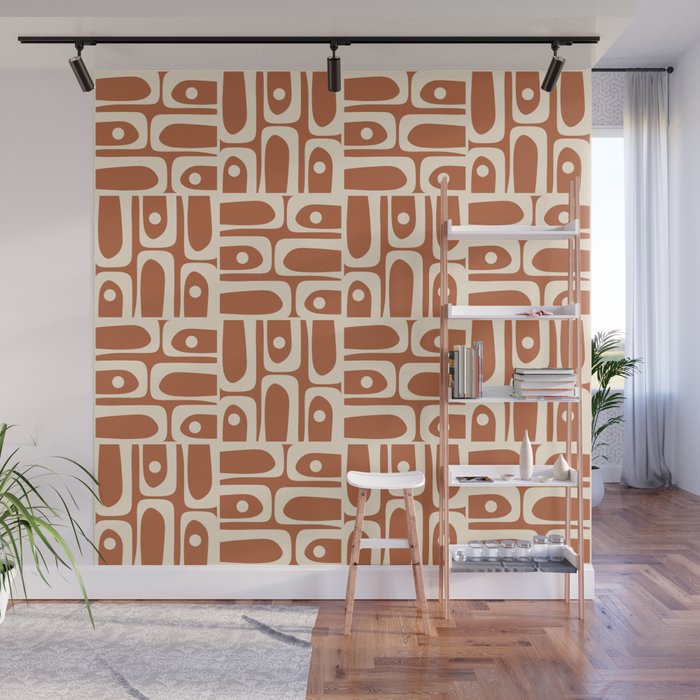 Mid Century Modern Piquet Abstract Multi Pattern in Earthy Red Brown and Beige Cream Wall Mural Gallery Image 1