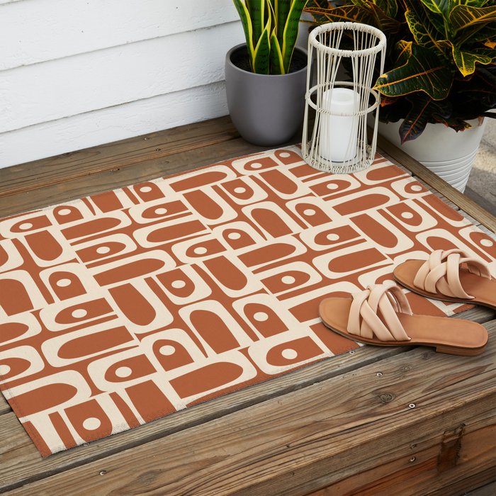 Mid Century Modern Piquet Abstract Multi Pattern in Earthy Red Brown and Beige Cream Outdoor Rug Gallery Image 2