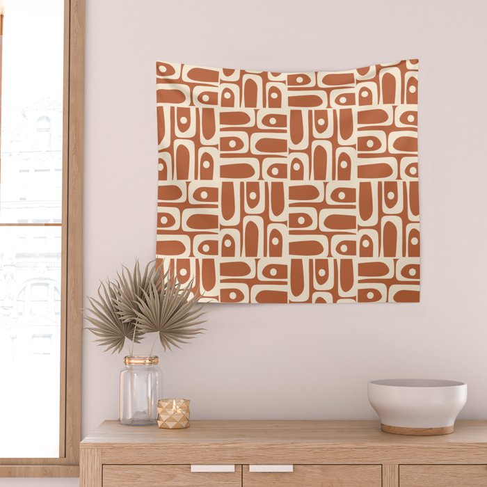 Mid Century Modern Piquet Abstract Multi Pattern in Earthy Red Brown and Beige Cream Wall Tapestry Gallery Image 2