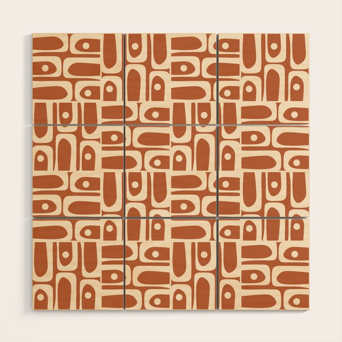 Mid Century Modern Piquet Abstract Multi Pattern in Earthy Red Brown and Beige Cream Wood Wall Art Gallery Image 1