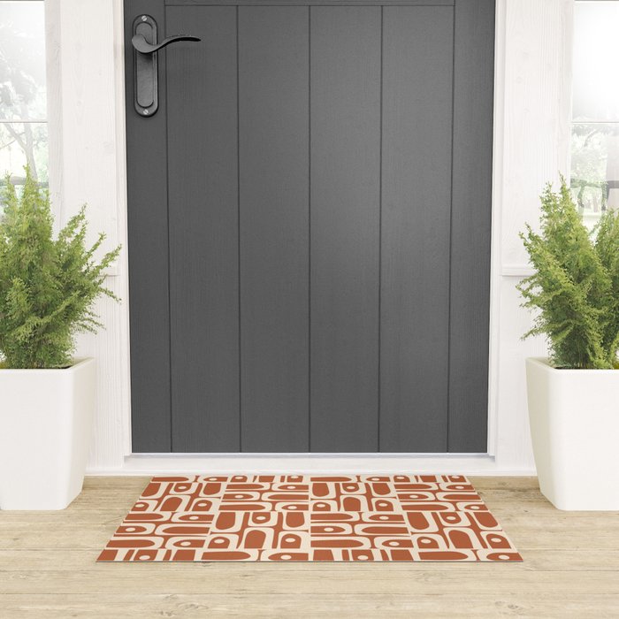Mid Century Modern Piquet Abstract Multi Pattern in Earthy Red Brown and Beige Cream Welcome Mat Gallery Image 3