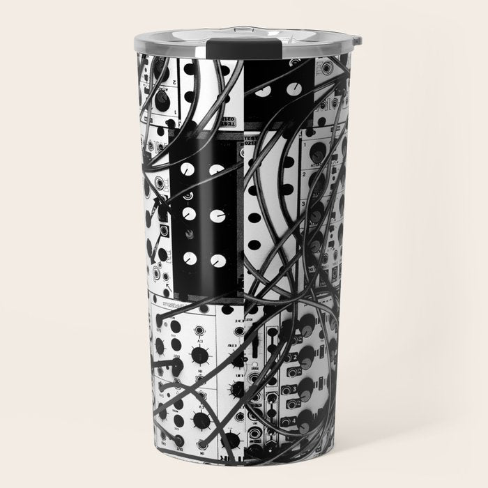 analog synthesizer system - modular black and white Travel Mug Gallery Image 1
