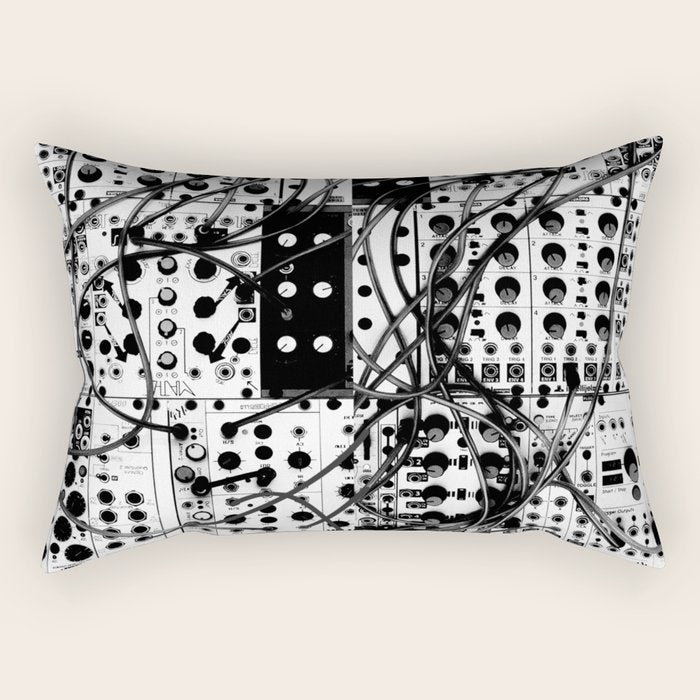 analog synthesizer system - modular black and white Rectangular Pillow Gallery Image 1