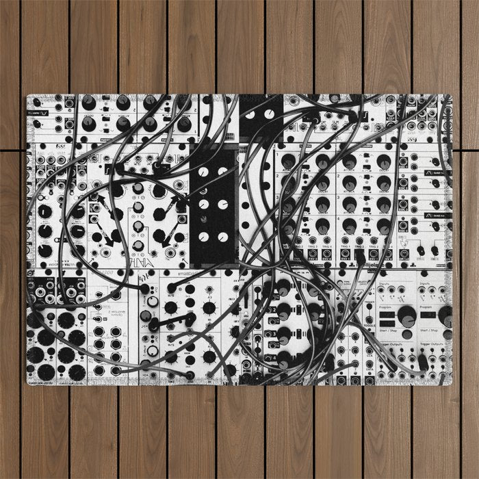 analog synthesizer system - modular black and white Outdoor Rug Gallery Image 1