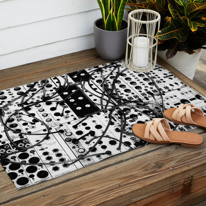 analog synthesizer system - modular black and white Outdoor Rug Gallery Image 2