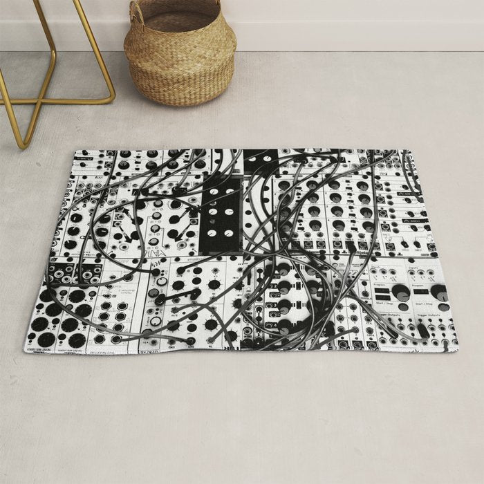 analog synthesizer system - modular black and white Rug Gallery Image 1